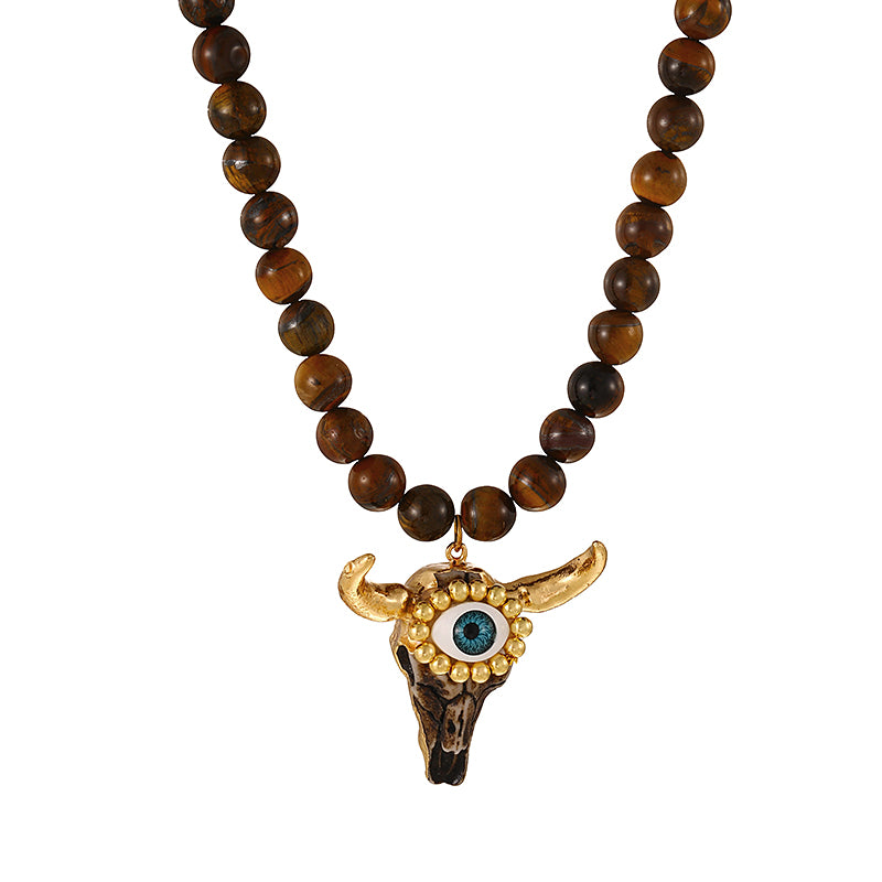 White Resin Bull's Head Copper Bead Eye Natural Stone Necklace