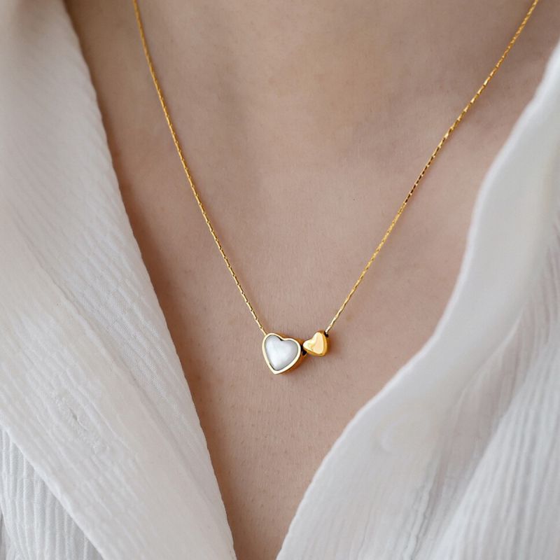 White Shell Double Heart Necklace Gold Stainless Steel Heart Necklace