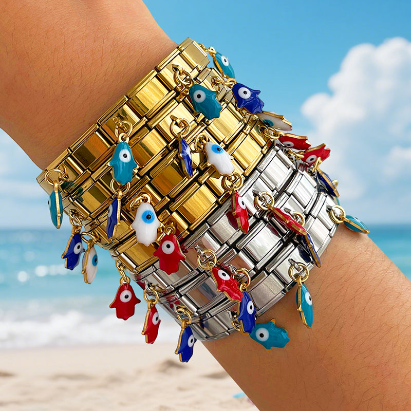 White-gold Oil Drop Palm Eyes Titanium Steel Square Module Bracelet