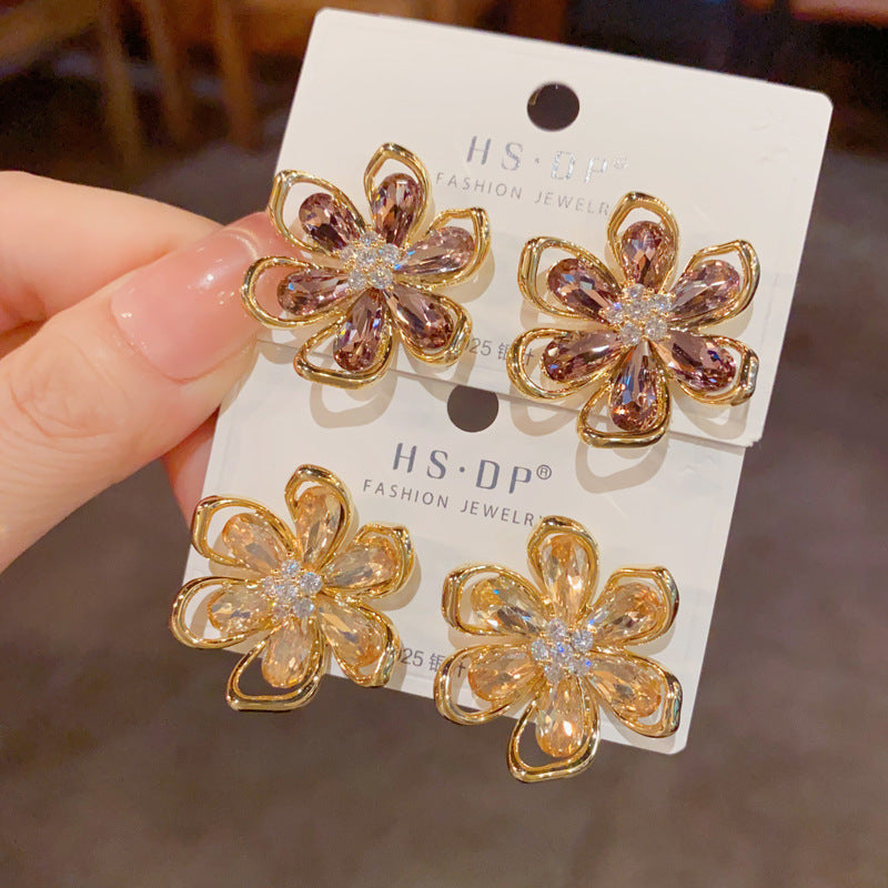 Yellow-zircon Hollow Petal Earrings (thick Real Gold Plating) Copper Diamond Hollow Petal Earrings