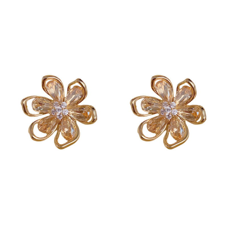 Yellow-zircon Hollow Petal Earrings (thick Real Gold Plating) Copper Diamond Hollow Petal Earrings