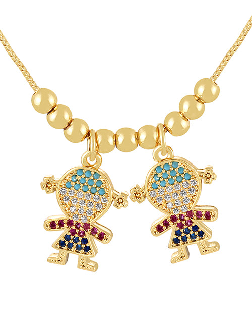 Fashion Gold 6 Copper Inlaid Vermiculite Boy And Girl Pendant Beading Necklace (4)