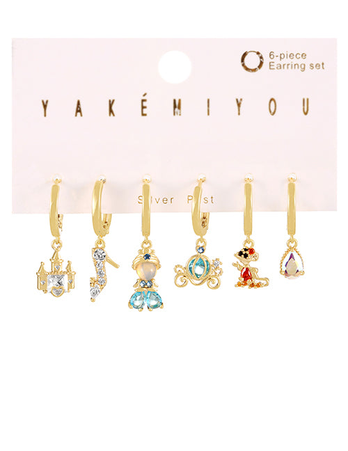 Fashion Gold Copper Paved Zirconia Castle Heels Princess Pumpkin Cart Earring Set