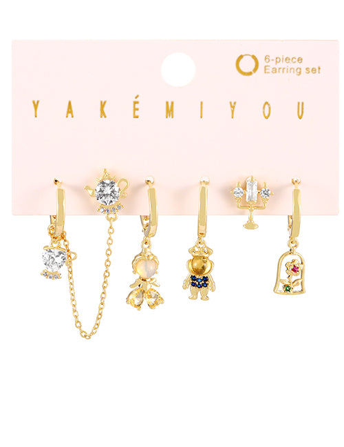 Fashion Gold Zirconia Geometric Kettle Candlestick Earring Set In Copper