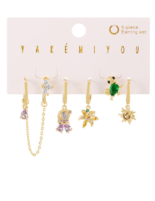 Fashion Color Copper Inlaid Zircon Flower Girls Chain Pendant Earrings Set Of 6