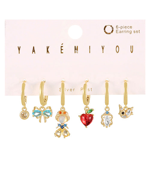 Fashion Color Set Of 6 Copper Inlaid Zircon Bow Princess Pendant Earrings