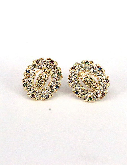 Fashion 2# Copper And Diamond Virgin Mary Geometric Stud Earrings