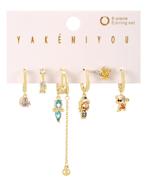 Fashion Color Copper Inlaid Zircon Cartoon Character Pendant Tassel Chain Earrings Set Of 6