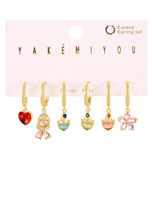 Fashion Color Copper Inlaid Zircon Love Girl Flower Stud Earrings Set Of 6