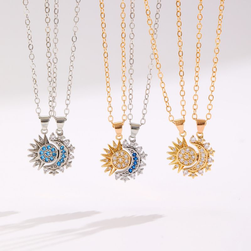 (magnetic) Gold Titanium Steel Diamond Sun And Moon Necklace